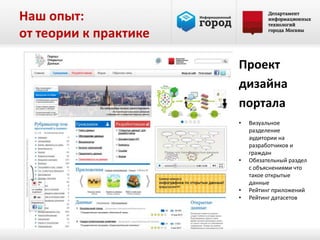 Наш опыт:
от теории к практике

                       Проект
                       дизайна
                       портала
                       •   Визуальное
                           разделение
                           аудитории на
                           разработчиков и
                           граждан
                       •   Обязательный раздел
                           с объяснениями что
                           такое открытые
                           данные
                       •   Рейтинг приложений
                       •   Рейтинг датасетов
 