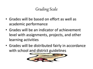 Grading Scale
• Grades will be based on effort as well as
academic performance
• Grades will be an indicator of achievement
level with assignments, projects, and other
learning activities
• Grades will be distributed fairly in accordance
with school and district guidelines
 