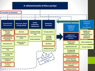 A vállalatirányítás kritikus pontjai
Finanszírozás/
Tőkeszerkezet
Beszerzés, kötele
zettség vállalás
Eszköz-
értékesítés,
tőkekivonás
Befektetés,
beruházás
Tulajdonosi
elvárások
és
útmutatások
Tulajdonosi
döntések
(egyedi)
Vagyonkezelésbe adás
Üzletpolitikai jelentések
elfogadása
Alaptőke/törzstőke
felemelés,
leszállítás
indítványozása
Adózotteredmény
felhasználásáról való
döntés indítv.
Tulajdonosi kölcsön
Kötvénykibocsátás
Hitel felvétel/operatív
lízing
Beszerzés Társaság alapítása
Társasági
részesedés
megszerzés
Társasági részesedés
megszüntetés, elideg
enítés
Beruházás
Eszköz-értékesítés
Egyéb kötelezettség-
vállalás
Strukturált pénzügyi
termékek
Devizaügyletek, fedez
eti ügyletek
Minta-szabályzatok
Tisztségviselők
megválasztása
Legfőbb szerv
kizárólagos
hatáskörébe tartozó
szabályzatok
jóváhagyása
Külföldi akvizíciók
Beszámoló/üzleti
jelentés elfogadása
Létesítő okirat
módosítása
Közbeszerzési terv
elfogadása
Legfőbb szerv
hatáskörébe tartozó
döntések
Költségvetési
támogatás
felhasználása
Irányítási kockázatok
Tervezés alapelvei
Üzleti terv elfogadása
 