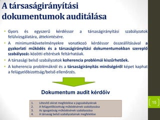 A társaságirányítási
dokumentumok auditálása
• Gyors és egyszerű kérdéssor a társaságirányítási szabályzatok
felülvizsgálatára, áttekintésére.
• A minimumkövetelményekre vonatkozó kérdéssor összeállításával a
gyakorlati működés és a társaságirányítási dokumentumokban szereplő
szabályozás közötti eltérések feltárhatóak.
• A társasági belső szabályzatok koherencia problémái kiszűrhetőek.
• A koherencia problémákról és a társaságirányítás minőségéről képet kaphat
a felügyelőbizottság/belső ellenőrzés.
15
Dokumentum audit kérdőív
1. Létesítő okirat megfelelése a jogszabályoknak
2. A felügyelőbizottság működésének szabályozása
3. Az igazgatóság működésének szabályozása
4. A társaság belső szabályzatainak megfelelése
 