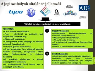23
A jogi szabályok általános jellemzői
Jellemzők:
=>Cél a bizalom helyreállítása.
=>Nem feltétlenül az optimális jogi
megoldások születnek meg.
=>Résztémák kiragadása.
=>Országonként eltérő mélységű és fókuszú
szabályok és gyakorlatok.
=> Hiányzó globális sztenderdek.
=>A jogi szabályozás és az ajánlások egymás
melletti térnyerése, országonként eltérő
súllyal (Sarbanes-Oxley vs. Cadbury
ajánlások).
=>A szabályok elsősorban a tőzsdei
társaságokra vonatkoznak.
=>A szabályozásnak óriási hatása van a
társaságok működésére.
Vállalati botrány, gazdasági válság = szabályozás
Negatív hatások:
=>Menedzsment kezdményezőkészsége és
innovációs kapacitása csökken.
=>Magas implementációs költségek.
=>Merev társasági struktúrák.
=>A szabályozások externáliáinak figyelmen kívül
hagyása.
=>Eltérés az értékmaximalizáló döntésektől.
Pozitív hatások:
=>Empírikus módon igazolható kisebb tőkeköltség.
=>Társasági jogon felüli általános
minimumelvárások kialakulása (az irányítási
modellek globálisan nem egyságesek).
-
+
 