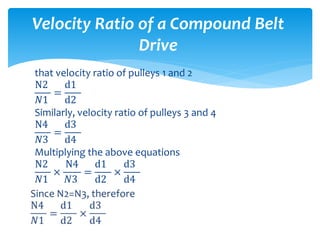 that velocity ratio of pulleys 1 and 2
N2
𝑁1
=
d1
d2
Similarly, velocity ratio of pulleys 3 and 4
N4
𝑁3
=
d3
d4
Multiplying the above equations
N2
𝑁1
×
N4
𝑁3
=
d1
d2
×
d3
d4
Velocity Ratio of a Compound Belt
Drive
 