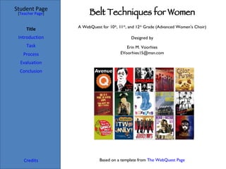 Belt Techniques for Women Student Page Title Introduction Task Process Evaluation Conclusion Credits [ Teacher Page ] A WebQuest for 10 th , 11 th , and 12 th  Grade (Advanced Women’s Choir) Designed by Erin M. Voorhies [email_address] Based on a template from  The WebQuest Page 