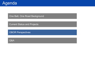 One Belt, One Road Background
Current Status and Projects
OBOR Perspectives
Q&A
Agenda
 