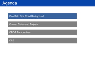 One Belt, One Road Background
Current Status and Projects
OBOR Perspectives
Q&A
Agenda
 