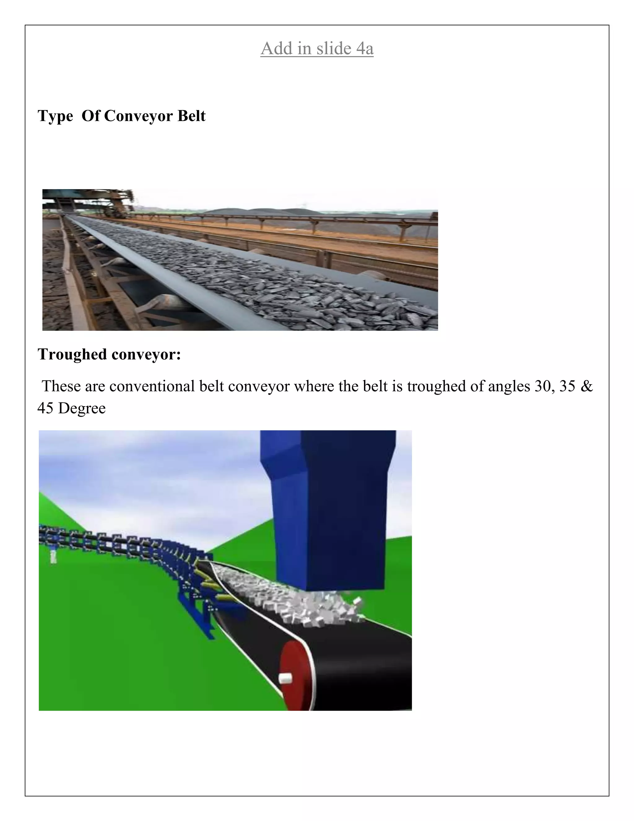 Add in slide 4a
Type Of Conveyor Belt
Troughed conveyor:
These are conventional belt conveyor where the belt is troughed of angles 30, 35 &
45 Degree
 