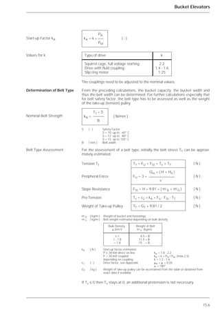 15.6
Bucket Elevators
The couplings need to be adjusted to the nominal values.
From the preceding calculations, the bucket capacity, the bucket width and
thus the belt width can be determined. For further calculations especially that
for belt safety factor, the belt type has to be assessed as well as the weight
of the take-up (tension) pulley.
For the assessment of a belt type, initially the belt stress T1 can be approxi-
mately estimated.
If Tv ≤ 0 then Tv stays at 0, an additional pretension is not necessary.
Start-up Factor kA
Values for k
Determination of Belt Type
Nominal Belt Strength
Belt Type Assessment
PN
kA = k * ( - )
PM
Type of drive k
Squirrel cage, full voltage starting 2.2
Drive with fluid coupling 1.4 - 1.6
Slip ring motor 1.25
T1 * S
kN = ( N/mm )
B
S ( - ) Safety Factor
S = 10 up to 60° C
S = 12 up to 80° C
S = 15 up to 150° C
B ( mm ) Belt width
T1 = FU + FSt + Tv + TT ( N )
Qm * ( H + H0 )
FU = 3 * ( N )
v
FSt = H * 9.81 * ( m’B + m’G ) ( N )
Tv = c2 * kA * FU - FSt - TT ( N )
TT = GT * 9.81 / 2 ( N )
Tension T1
Peripheral Force
Slope Resistance
Pre-Tension
Weight of Take-up Pulley
m’B ( kg/m ) Weight of bucket and fastenings
m’G ( kg/m ) Belt weight estimated depending on bulk density
Bulk Density Weight of Belt
␳ (t/m3) m’G (kg/m)
≤ 1 18.5 * B
1 - 1.8 11.5 * B
> 1.8 15 * B
kA ( N ) Start-up factor estimated
P ≤ 30 kW direct on line kA = 1.8 - 2.2
P > 30 kW coupled kA = k * PN / PM (max 2.5)
depending on coupling k = 1.2 - 1.6
c2 ( - ) Drive factor, see Appendix ␮A = ␮ + 0.05
␣ = 180°
GT ( kg ) Weight of take-up pulley can be ascertained from the table or obtained from
exact data if available
 