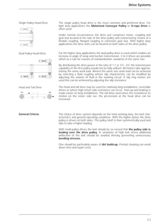 3.2
Drive Systems
The single pulley head drive is the most common and preferred drive. For
light duty applications the Motorized Conveyor Pulley or V-rope Drive is
often used.
Under normal circumstances the drive unit comprises motor, coupling and
gear box located at the side of the drive pulley and connected by means of a
flexible coupling, flanged coupling or extension gear box. With higher duty
applications the drive units can be located on both sides of the drive pulley.
For the higher duty applications the dual pulley drive is used which enables an
increase in angle of wrap and traction transmission. 2 to 4 drives are possible
which as a rule for reasons of standardization, would be of the same size.
By distributing the drive power in the ratio of 1:1 or 1/3 : 2/3, the transmission
capability of the first pulley would not be fully utilized. All motors take approxi-
mately the same work load. Almost the same size work load can be achieved
by selecting a fluid coupling whose slip characteristic can be modified by
adjusting the volume of fluid in the working circuit. If slip ring motors are
used this can be achieved by adjusting the slip resistance.
The head and tail drive may be used for relatively long installations, reversible
drives or where high return side resistance can occur. Start-up and braking is
made easier on long installations. The tail drive overcomes the resistances to
motion on the return side run, the pre-tension at the head drive can be
increased.
The choice of drive system depends on the total working duty, the belt char-
acteristics and general operating conditions. With the higher duties the drive
pulley is driven on both sides. The pulley shaft is then symmetrically used and
able to take a higher loading.
With multi-pulley drives the belt should be so reeved that the pulley side is
leading over the drive pulley. In situations of high belt stress additional
deflection of the belt should be avoided thereby preventing unnecessary
bending stresses.
One should be particularly aware of dirt build-up. Prompt cleaning can avoid
down time and repair costs.
Single Pulley Head Drive
Dual Pulley Head Drive
Head and Tail Drive
General Criteria
P1 P2
 