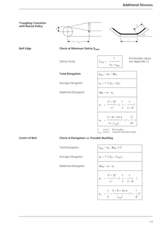 I.4
Additional Stresses
Check of Minimum Safety Smin.
Check of Elongation i.e. Possible Buckling.
Troughing Transition
with Raised Pulley
Belt Edge
Centre of Belt
l
S
␭
Lred
h
1 Permissible values
Smin = see Appendix I.2
kD * ⑀ges
⑀ges = ⑀0 + ⌬⑀K
⑀0 = 1 / ( kD * SB )
⌬⑀K = ⑀1 - ⑀2
s2
*
2 1 s
⑀1 = * ( – )
L2 2 3 * B
h * B * sin ␭ l2
⑀2 = ( 1 – )
4 * Lred
2 B2
h ( mm ) lift of pulley
Lred ( mm ) reduced transition length
␭
⑀ges = ⑀0 - ⌬⑀M ≥ 0
⑀0 = 1 / ( kD * Smin )
⌬⑀M = ⑀1 - ⑀2
s2
*
2 1 s
⑀1 = * ( – )
L2 2 3 * B
1 h * B * sin ␭ l
⑀2 = * ( 1 – )2
8 Lred
2 B
␭
Safety Factor
Total Elongation
Average Elongation
Additional Elongation
Total Elongation
Average Elongation
Additional Elongation
 
