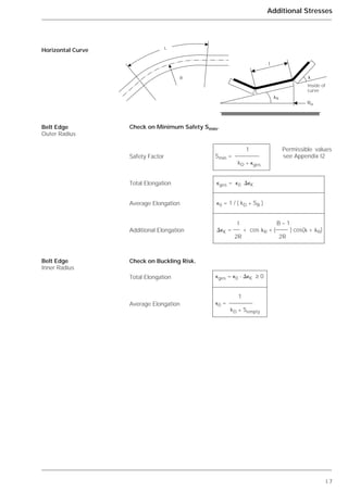 I.7
Additional Stresses
Check on Minimum Safety Smin.
Check on Buckling Risk.
Horizontal Curve
Belt Edge
Outer Radius
Belt Edge
Inner Radius
L
R
᭤
᭤
᭤
RH
␭R
l
Intérieur de
la courbe
␭
1 Permissible values
Smin = see Appendix I2
kD * ⑀ges
⑀ges = ⑀0 ⌬⑀K
⑀0 = 1 / ( kD * SB )
l B – 1
⌬⑀K = + cos ␭R + ( ) cos(␭ + ␭R)
2R 2R
⑀ges = ⑀0 - ⌬⑀K ≥ 0
1
⑀0 =
kD * Sempty
Safety Factor
Total Elongation
Average Elongation
Additional Elongation
Total Elongation
Average Elongation
Inside of
curve
 