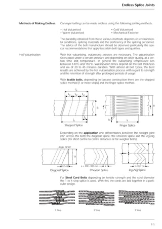 P.1
Endless Splice Joints
Conveyor belting can be made endless using the following jointing methods:
• Hot Vulcanised • Cold Vulcanised
• Warm Vulcanised • Mechanical Fastener
The durability obtained from these various methods depends on environmen-
tal conditions, splicing materials and the proficiency of the splicing personnel.
The advice of the belt manufacture should be observed particularly the spe-
cial recommendations that apply to certain belt types and qualities.
With hot vulcanising, vulcanising presses are necessary. The vulcanisation
takes place under a certain pressure and depending on cover quality, at a cer-
tain time and temperature. In general the vulcanising temperature lies
between 140°C and 155°C. Vulcanisation times depend on the belt thickness
and are of 20 to 45 minutes duration. With almost all belt types, the best
results are achieved by the hot vulcanisation process with regard to strength
and the retention of strength after prolonged periods of usage.
With textile belts, depending on carcase construction there are the stepped
splice method (1 or more steps) and the finger splice method.
Depending on the application one differentiates between the straight joint
(90° across the belt) the diagonal splice, the Chevron splice and the zig-zag
splice (for short centre to centre distances or for weigher belts).
For Steel Cord Belts depending on tensile strength and the cord diameter
the 1 to 4 step splice is used. With this the cords are laid together in a parti-
cular design.
Methods of Making Endless
Hot Vulcanisation
᭤
᭤᭤᭤
᭤
᭤
᭤
᭤᭤᭤
᭤
᭤
᭤
᭤
lv
lst lst lst
la
lü
B
Stepped Splice
᭤
᭤
᭤
᭤
᭤
᭤
᭤
B
ltbt
Finger Splice
᭤
᭤
᭤
᭤
B
Angle 16°40'
0,3*B
Diagonal Splice
᭤
᭤
Chevron Splice
a = 200 - 300 mm a 70 70 150
B
"
"
᭤
᭤
᭤
᭤
᭤
᭤
᭤
᭤
᭤
Zig-Zag Splice
1 Step 2 Step 3 Step
 