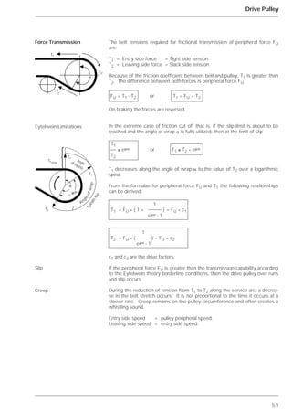 5.1
Drive Pulley
The belt tensions required for frictional transmission of peripheral force FU
are:
T1 = Entry side force = Tight side tension
T2 = Leaving side force = Slack side tension
Because of the friction coefficient between belt and pulley, T1 is greater than
T2. The difference between both forces is peripheral force FU.
On braking the forces are reversed.
In the extreme case of friction cut off that is, if the slip limit is about to be
reached and the angle of wrap ␣ is fully utilized, then at the limit of slip
T1 decreases along the angle of wrap ␣ to the value of T2 over a logarithmic
spiral.
From the formulae for peripheral force FU and T1 the following relationships
can be derived:
c1 and c2 are the drive factors.
If the peripheral force FU is greater than the transmission capability according
to the Eytelwein theory borderline conditions, then the drive pulley over runs
and slip occurs.
During the reduction of tension from T1 to T2 along the service arc, a decrea-
se in the belt stretch occurs. It is not proportional to the time it occurs at a
slower rate. Creep remains on the pulley circumference and often creates a
whistling sound.
Entry side speed = pulley peripheral speed.
Leaving side speed < entry side speed.
Force Transmission
Eytelwein Limitations
Slip
Creep
FU = T1 - T2 or T1 = FU + T2
T1
≤ e␮␣ or T1 ≤ T2 * e␮␣
T2
1
T1 = FU * ( 1 + ) = FU * c1
e␮␣ - 1
1
T2 = FU * ( ) = FU * c2
e␮␣ - 1
␣
T1
T2
FU
T2
An
gleofwrap
Spiralelog.
Angleof repose
N
␣␸
T1
T1
T1max
 