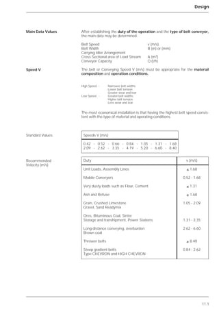 11.1
Design
Main Data Values
Speed V
Standard Values
Recommended
Velocity (m/s)
After establishing the duty of the operation and the type of belt conveyor,
the main data may be determined.
Belt Speed v (m/s)
Belt Width B (m) or (mm)
Carrying Idler Arrangement
Cross Sectional area of Load Stream A (m2)
Conveyor Capacity Q (t/h)
The belt or Conveying Speed V (m/s) must be appropriate for the material
composition and operation conditions.
High Speed - Narrower belt widths
Lower belt tension
Greater wear and tear
Low Speed - Greater belt widths
Higher belt tension
Less wear and tear
The most economical installation is that having the highest belt speed consis-
tent with the type of material and operating conditions.
Speeds V (m/s)
0.42 - 0.52 - 0.66 - 0.84 - 1.05 - 1.31 - 1.68
2.09 - 2.62 - 3.35 - 4.19 - 5.20 - 6.60 - 8.40
Duty v (m/s)
Unit Loads, Assembly Lines ≤ 1.68
Mobile Conveyors 0.52 - 1.68
Very dusty loads such as Flour, Cement ≤ 1.31
Ash and Refuse ≤ 1.68
Grain, Crushed Limestone 1.05 - 2.09
Gravel, Sand Readymix
Ores, Bituminous Coal, Sinter
Storage and transhipment, Power Stations 1.31 - 3.35
Long distance conveying, overburden 2.62 - 6.60
Brown coal
Thrower belts ≥ 8.40
Steep gradient belts 0.84 - 2.62
Type CHEVRON and HIGH CHEVRON
 