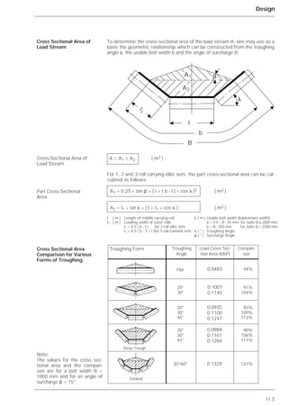 Forme d’auge Angle Section de char- Comparai-
d’auge ␭ gement A(m2) son
plat 0,0483 44%
20° 0,1007 91%
30° 0,1145 104%
20° 0,0935 85%
30° 0,1100 100%
45° 0,1247 113%
20° 0,0989 90%
30° 0,1161 106%
45° 0,1284 117%
30°/60° 0,1329 121%
Auge profonde
Guirlande
11.5
Design
To determine the cross-sectional area of the load stream A, one may use as a
basis the geometric relationship which can be constructed from the troughing
angle ␭, the usable belt width b and the angle of surcharge ß.
For 1, 2 and 3 roll carrying idler sets, the part cross-sectional area can be cal-
culated as follows:
Cross Sectional Area of
Load Stream
Cross-Sectional Area of
Load Stream
Part Cross-Sectional
Area
Cross Sectional Area
Comparison for Various
Forms of Troughing.
Note:
The values for the cross sec-
tional area and the compari-
son are for a belt width B =
1000 mm and for an angle of
surcharge ␤ = 15°.
B
b
l
␭
␤
l1
A2
A1
᭤
᭣ ᭣
᭣
᭣ ᭤
᭤
᭣
᭤
᭣
᭤᭣
A = A1 + A2 ( m2 )
A1 = 0.25 * tan ␤ * [ l + ( b - l ) * cos ␭ ]2 ( m2 )
A2 = l1 * sin ␭ * [ l + l1 * cos ␭ ] ( m2 )
l ( m ) Length of middle carrying roll
l1 ( m ) Loading width of outer rolls
l1 = 0.5 ( b - l ) for 3 roll idler sets
l1 = 0.5 ( b - 3 * l )for 5 roll Garland sets
b ( m ) Usable belt width (loadstream width)
b = 0.9 * B - 50 mm for belts B ≤ 2000 mm
b = B - 250 mm for belts B > 2200 mm
␭ ( ° ) Troughing Angle
␤ ( ° ) Surcharge Angle
Troughing Form Troughing
Angle
Load Cross Sec-
tion Area A(M2
)
Compari-
son
Flat
Deep Trough
Garland
0.0483
0.1329
0.1007
0.1145
0.0935
0.1100
0.1247
0.0989
0.1161
0.1284
 