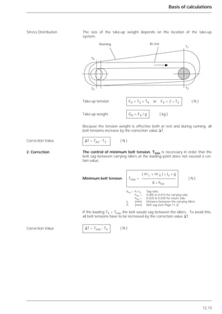 12.15
Basis of calculations
The size of the take-up weight depends on the location of the take-up
system.
Because the tension weight is effective both at rest and during running, all
belt tensions increase by the correction value ⌬T.
The control of minimum belt tension. Tmin is necessary in order that the
belt sag between carrying idlers at the loading point does not exceed a cer-
tain value.
If the loading T4 < Tmin the belt would sag between the idlers. To avoid this,
all belt tensions have to be increased by the correction value ⌬T.
Stress Distribution
Correction Value
2. Correction
Correction Value
Running At rest
᭤
T4
T3 T2
T1
FV = T3 + T4 or FV = 2 * T2 ( N )
GV = FV / g ( kg )
⌬T = TA2 - T2 ( N )
⌬T = Tmin - T4 ( N )
( m’L + m’G ) * lo * g
Tmin = ( N )
8 * hrel
hrel = h / lo Sag ratio
hrel = 0.005 to 0.015 for carrying side
hrel = 0.020 to 0.030 for return side
lo (mm) Distance between the carrying idlers
h (mm) Belt sag (see Page 11.2)
Take-up tension
Take-up weight
Minimum belt tension
 