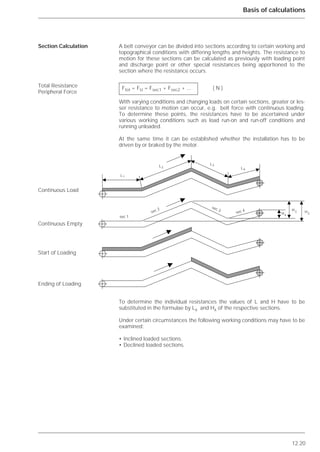 12.20
Basis of calculations
A belt conveyor can be divided into sections according to certain working and
topographical conditions with differing lengths and heights. The resistance to
motion for these sections can be calculated as previously with loading point
and discharge point or other special resistances being apportioned to the
section where the resistance occurs.
With varying conditions and changing loads on certain sections, greater or les-
ser resistance to motion can occur, e.g. belt force with continuous loading.
To determine these points, the resistances have to be ascertained under
various working conditions such as load run-on and run-off conditions and
running unloaded.
At the same time it can be established whether the installation has to be
driven by or braked by the motor.
To determine the individual resistances the values of L and H have to be
substituted in the formulae by Lx and Hx of the respective sections.
Under certain circumstances the following working conditions may have to be
examined:
• Inclined loaded sections.
• Declined loaded sections.
Section Calculation
Total Resistance
Peripheral Force
Continuous Load
Continuous Empty
Start of Loading
Ending of Loading
Ftot = FU = Fsec1 + Fsec2 + ... ( N )
᭤
᭤
᭤
᭤
᭤
᭤
᭤
᭤
᭤ ᭤
᭤
᭤
L1
L2
L3
L4
sec 1
sec 2
sec 3
sec 4
᭤
᭤
᭤
᭤
᭤
᭤
H2H4
H3
 