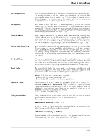 12.23
Basis of calculations
With extreme low temperature conditions account must be taken of the hig-
her flexing resistance of the belt. Select the fiction factor f accordingly. The
cover quality should be one containing a high percentage of natural rubber.
Depending upon the compounding of the rubber, belts can be used down
to -30°C (maximum to -40°C). PVC belts down to -15°C.
With thicker and stronger belts it is necessary to verify whether the belt will
conform to the troughing angle of the idlers. For good troughing conditions
approx 40% of the belt width when running empty should be making tangen-
tial contact. Approximately 10% should make contact with the centre carrying
idler roller (Recommendation see Page 12.29).
When selecting belt covers, not only the quality appropriate for the load mate-
rial has to be considered, but it is also necessary to ensure there is sufficient
thickness of cover on both the carrying and pulley sides of the belt. If the car-
rying side cover is much thicker than 3 times the pulley side cover there is
the risk of the belt curling at its edges. (Recommendations see Page 12.30).
With steep inclined conveying using profiled belts from the Chevron or High
Chevron ranges, a carcase should be selected that is 1 or 2 plies stronger
than calculated or in accordance with the belt selection table. By doing this
the running stability is improved especially under wet and frosty conditions.
This can also be an advantage with smooth surface belts which convey stee-
per than 12°.
Normal cover qualities tend to swell even if the load to be conveyed has only
the smallest percentage of oil or fats and the rubber tends to soften. Account
has to be taken as to whether the oil or fat is mineral or vegetable based.
Also the temperature and possibly acidity has to be taken into consideration.
To convey food stuffs, the cover quality must comply with National and
International regulations. One has to differentiate between unpacked and
packed food-stuffs. The most important regulations at present are:
• FDA/USDA: Food and Drug Administration U.S.
• Unbedenklichkeitsempfehlung XXVII. BGA
• British Code of Practice for Food Contact Applications.
If materials contain acids or alkalis the appropriate quality has to be selected.
The concentration and temperature play a decisive part. With increasing
concentration and temperature the durability of the covers declines. They are
attacked by chemicals and swell. Under certain conditions regard has to be
paid to the chemical resistance of the carcase.
Rubber and PVC react differently.
Safety regulations can be important criteria in selecting the belt particulary
with installations where there is a risk of fire or explosions.
Some requirements demand:
• Flame resistant quality (to DIN 22103)
A belt is classed as flame resistant if it does not burn or does not reignite
after the source of the flame has been removed.
• Electrical conductivity (Antistatic)
A conveyor belt is classed as being antistatic if the average value of the sur-
face resistance of the covers does not exceed 3 * 108 Ohm.
Low Temperature
Troughability
Cover Thickness
Steep Angle Conveying
Oil & Fat Effects
Food Stuffs
Chemical Effects
Safety Regulations
 