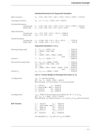 13.3
Calculation Example
Individual Resistances for Sequential Calculation
Case 1) Tension Weight at Discharge Point (close to T2)
TA2 = T2 (constant tension)
⌬T = TA2 - T2 = 26424 - 22961 = 3463 N
With the value ⌬ T belt tensions T1 to T4 are increased
T1 = 72347 N TA1 = 95309 N
T2 = 26424 N TA2 = 26424 N
T3 = 23732 N TA3 = 26969 N
T4 = 23732 N TA4 = 26969 N
Tmin = 28061 N est nécessaire pour la flèche de 1%, i.e. T4 ≥ Tmin
⌬T = Tmin - T4 = 28061 - 23732 = 4328 N
With the value ⌬ T all belt tensions T1 to T4 and TA1 to TA4 will be increased
Main resistance
Secondary resistance
Frictional Resistances
Carrying side
Return side
Slope Resistance
Carrying side
Return side
Inertial Resistance
Carrying side
Return side
Running (steady state)
Control T1
Start-up (non-steady state)
Control TA1
1st Adjustment
2nd Adjustment
Belt Tensions
FH = 0.02 * 258 * 9.81 * [ 28.2 + ( 50.8 + 165.3 ) * 0.997 ] = 12333 N
FN = ( C - 1 ) * FH = 12333 * 0.37 = 4563 N
Fo = 0.02 * 258 * 9.81 * [ 18.6 + ( 25.4 + 165.3 ) * 0.997 ] = 10566 N
Fu = 0.02 * 258 * 9.81 * ( 9.6 + 25.4 ) * 0.997 = 1768 N
Fsto = 17.9 * 9.81 * ( 25.4 + 165.3 ) = 33486 N
Fstu = 17.9 * 9.81 * 25.4 = 4460 N
Fao = 0.368 * 258 * ( 16.7 + 25.4 + 165.3 ) = 19725 N
Fau = 0.368 * 258 * ( 8.7 + 25.4 ) = 3237 N
Sequential Calculation T1 to T4
T2 = FU * c2 = 45924 * 0.5 = 22961 N
T3 = 22962 + 1768 - 4460 = 20269 N
T4 = T3 = 20269 N
T1 = 20269 + 4563 + 10566 + 33486 = 68884 N
Sum = 132383 N
T1 = FU * c1 = 45924 * 1.5 = 68884 N
TA2 = FA * c2A = 68886 * 0.3836 = 26424 N
TA3 = 26424 + 1768 - 4460 + 3237 = 26969 N
TA4 = TA3 = 26969 N
TA1 = 26969 + 4563 + 10566 + 33486 + 19725 = 95309 N
Sum = 175671 N
TA1 = FA * c1A = 68886 * 1.3836 = 95309 N
T1 = 76675 N TA1 = 99637 N
T2 = 30752 N TA2 = 30752 N
T3 = 28061 N TA3 = 31297 N
T4 = 28061 N TA4 = 31297 N
⌺T = 163549 N ⌺TA = 192983 N
The stipulations T2 = TA2 and T4 ≥ Tmin are fulfilled.
 