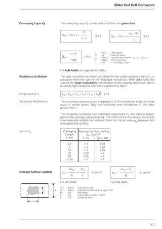 m’G + m’L
pm = ( kg/m2 )
B
For bulk loads
14.2
Slider Bed Belt Conveyors
The conveying capacity can be evaluated from the given data.
For bulk loads see appropriate tables.
The total resistance to motion and therefore the pulley peripheral force FU is
calculated from the sum of the individual resistances. With slider belts the
sum of the main resistances from friction on the carrying and return side is
relatively high compared with belts supported by idlers.
The secondary resistances are independent of the installation length and only
occur at certain points. Only with relatively short installations is the value
greater that 1.
The secondary resistances are estimated using factor Cg. The value is depen-
dent on the average surface loading. The effect of the secondary resistances
is considerably smaller than obtained from the friction value ␮g between belt
and supporting surface.
Conveying Capacity
Resistance to Motion
Peripheral Force
Secondary Resistances
Factor Cg
Average Surface Loading
m
Qm = 3.6 * v * ( t/h )
l + a
FU = Cg * ( Fo + Fu ) + Fst + FS† ( N )
Conveying Average Surface Loading
Length pm (kg/m2)
L (m) 5 -10 up to 300
2.5 1.8 1.04
5 1.4 1.02
10 1.2 1.01
25 1.09 ≈ 1
50 1.05 ≈ 1
>100 ≈ 1 ≈ 1
zm * m
Qm = 3.6 * v * ( t/h )
L
z * m
Qm = ( t/h )
1000
v ( m/s ) Belt speed
m ( kg ) Mass of piece
zm ( St/m ) Number each metre zm = L / ( l + a )
z ( St/h ) Pieces per hour
L ( m ) Conveying Length
m’G m’L
pm = + ( kg/m2 )
B b
For unit loads
b B
l
m’G (kg/m) Load due to belt
m’L (kg/m) Load due to material (see page 12.6)
B (m) Belt width
b (m) Load width or width of piece
l (m) Length of piece
 