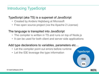 © Instil Software 2016
TypeScript (aka TS) is a superset of JavaScript
• Created by Anders Hejlsberg at Microsoft
• Free open source project (via the Apache 2 License)
The language is transpiled into JavaScript
• The compiler is written in TS and runs on top of Node.js
• It can be used for both client and server side applications
Add type declarations to variables, parameters etc…
• Let the compiler point out errors before runtime
• Let the IDE leverage the type information
Introducing TypeScript
 