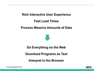© Instil Software 2016
Rich Interactive User Experience
Fast Load Times
Process Massive Amounts of Data
Do Everything on the Web
Download Programs as Text
Interpret in the Browser
 