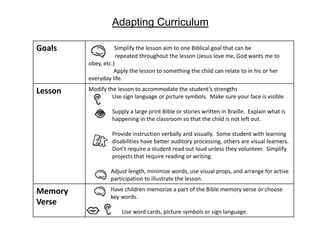 Adapting Curriculum

Goals               Simplify the lesson aim to one Biblical goal that can be
                     repeated throughout the lesson (Jesus love me, God wants me to
         obey, etc.)
                   Apply the lesson to something the child can relate to in his or her
         everyday life.

Lesson   Modify the lesson to accommodate the student’s strengths
                  Use sign language or picture symbols. Make sure your face is visible.

                  Supply a large print Bible or stories written in Braille. Explain what is
                  happening in the classroom so that the child is not left out.

                  Provide instruction verbally and visually. Some student with learning
                  disabilities have better auditory processing, others are visual learners.
                  Don’t require a student read out loud unless they volunteer. Simplify
                  projects that require reading or writing.

                 Adjust length, minimize words, use visual props, and arrange for active
                 participation to illustrate the lesson.

Memory           Have children memorize a part of the Bible memory verse or choose
                 key words.
Verse
                      Use word cards, picture symbols or sign language.
 