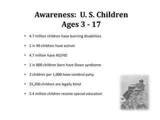 Awareness: U. S. Children
            Ages 3 - 17
• 4.7 million children have learning disabilities

• 1 in 90 children have autism

• 4.7 million have AD/HD

• 1 in 800 children born have Down syndrome

• 3 children per 1,000 have cerebral palsy

• 55,200 children are legally blind

• 5.4 million children receive special education
 