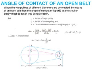 ANGLE OF CONTACT OF AN OPEN BELT
When the two pulleys of different diameters are connected by means
of an open belt then the angle of contact or lap (ϴ) at the smaller
pulley must be taken into consideration.
 