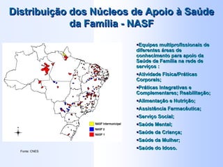 Distribuição dos Núcleos de Apoio à Saúde
da Família - NASF
Distribuição dos Núcleos de Apoio à Saúde
da Família - NASF
Fonte: CNES
Equipes multiprofissionais de
diferentes áreas de
conhecimento para apoio da
Saúde da Família na rede de
serviços :
Atividade Física/Práticas
Corporais;
Práticas Integrativas e
Complementares; Reabilitação;
Alimentação e Nutrição;
Assistência Farmacêutica;
Serviço Social;
Saúde Mental;
Saúde da Criança;
Saúde da Mulher;
Saúde do Idoso.
Equipes multiprofissionais de
diferentes áreas de
conhecimento para apoio da
Saúde da Família na rede de
serviços :
Atividade Física/Práticas
Corporais;
Práticas Integrativas e
Complementares; Reabilitação;
Alimentação e Nutrição;
Assistência Farmacêutica;
Serviço Social;
Saúde Mental;
Saúde da Criança;
Saúde da Mulher;
Saúde do Idoso.
 