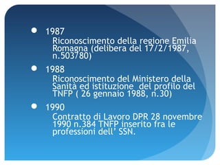  1987
   Riconoscimento della regione Emilia
   Romagna (delibera del 17/2/1987,
   n.503/80)
 1988
   Riconoscimento del Ministero della
   Sanità ed istituzione del profilo del
   TNFP ( 26 gennaio 1988, n.30)
 1990
   Contratto di Lavoro DPR 28 novembre
   1990 n.384 TNFP inserito fra le
   professioni dell’ SSN.
 