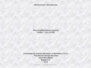Bioelementos y Biomoléculas
María Angélica Beltrán Oquendo
Código: 1 014 276 045
Universidad de ciencias aplicadas y ambientales U.D.C.A
Facultad de ciencias pecuarias
Informática Básica
Bogotá D.C.
2016
Septiembre 11 del 2016. Beltran María.
 