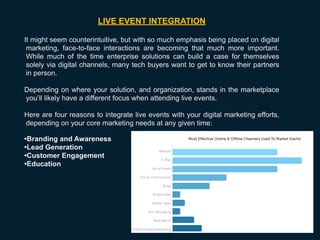 LIVE EVENT INTEGRATION
It might seem counterintuitive, but with so much emphasis being placed on digital
marketing, face-to-face interactions are becoming that much more important.
While much of the time enterprise solutions can build a case for themselves
solely via digital channels, many tech buyers want to get to know their partners
in person.
Depending on where your solution, and organization, stands in the marketplace
you’ll likely have a different focus when attending live events.
Here are four reasons to integrate live events with your digital marketing efforts,
depending on your core marketing needs at any given time:
•Branding and Awareness
•Lead Generation
•Customer Engagement
•Education
 