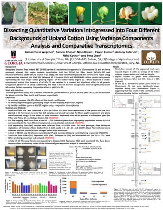 Dissecting Quantitative Variation Introgressed into FourDifferent
Backgrounds ofUpland Cotton Using Variance Components
Analysis and Comparative Transcriptomics
Samantha Jo Wegener1, Sameer Khanal1, Nino Brown1, Pawan Kumar2, Andrew Paterson3,
Neha Kothari4 and Peng Chee1
(1)University of Georgia, Tifton, GA, (2)USDA-ARS, Salinas, CA, (3)College of Agricultural and
Environmental Sciences, University of Georgia, Athens, GA, (4)Cotton Incorporated, Cary, NC
Reference: Brown, N. et al. (2019) Evaluation of a chromosome segment from Gossypium barbadense harboring the fiber length QTL qFL-Chr.25 in four diverse upland cotton genetic backgrounds. Crop Science, 59,2621–2633.
Kumar, P. et al. (2019) Genetic evaluation of exotic chromatins from two obsolete interspecific introgression lines of upland cotton for fiber quality improvement. Crop Science, 59, 1073–1084.
 