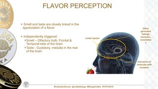 #VodkaAndCaviar @vodkabeluga #BelugaVodka #TOTC2019
 Smell and taste are closely linked in the
appreciation of a flavor
 Independently triggered:
Smell – Olfactory bulb, Frontal &
Temporal lobe of the brain
Taste - Gustatory, medulla in the rear
of the brain
Limbic System
Odour
generated
feelings,
memories,
association
s
Interaction of
molecules with
receptors
FLAVOR PERCEPTION
 
