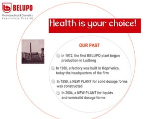 OUR PAST   In 1972, the first BELUPO plant began production in Ludbreg   In 1980, a factory was built in Koprivnica, today the headquarters of the firm   In 1999, a NEW PLANT  for solid dosage forms  was constructed In 2004, a NEW PLANT for  liquids and semisolid dosage forms 