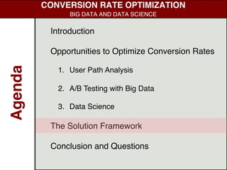 Introduction
Opportunities to Optimize Conversion Rates
1. User Path Analysis
2. A/B Testing with Big Data
3. Data Science
The Solution Framework
Conclusion and Questions
Agenda
CONVERSION RATE OPTIMIZATION
BIG DATA AND DATA SCIENCE
 