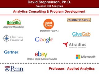 David Stephenson, Ph.D.
Founder DSI Analytics
Professor: Applied Analytics
Head of Global Business Analytics
Department Head A.I.
Analytics Consulting & Program Development
Department Foundation
 