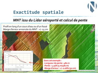 Exactitude	
  spatiale	
  
	
  MNT	
  issu	
  du	
  Lidar	
  aéroporté	
  et	
  calcul	
  de	
  pente	
  
Proﬁl	
  en	
  long	
  d’un	
  cours	
  d’eau	
  ou	
  d’un	
  fossé	
  
Marge	
  d’erreur	
  annoncée	
  du	
  MNT	
  :	
  +/-­‐	
  15	
  cm	
  

Dans	
  cet	
  exemple	
  :	
  
-­‐Longueur	
  de	
  pente	
  :	
  480	
  m	
  
-­‐Pente	
  :	
  1,25%	
  (5	
  m/480	
  m)	
  
-­‐Marge	
  d’erreur	
  :	
  +/-­‐	
  0.06%	
  (30	
  cm)	
  

22	
  

 