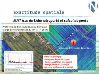 Exactitude	
  spatiale	
  
	
  MNT	
  issu	
  du	
  Lidar	
  aéroporté	
  et	
  calcul	
  de	
  pente	
  
Proﬁl	
  en	
  long	
  d’un	
  cours	
  d’eau	
  ou	
  d’un	
  fossé	
  
Marge	
  d’erreur	
  annoncée	
  du	
  MNT	
  :	
  +/-­‐	
  15	
  cm	
  

Attention	
  à	
  l’inversion	
  de	
  pente…	
  

Dans	
  cet	
  exemple	
  :	
  
-­‐Longueur	
  de	
  pente	
  :	
  550	
  m	
  
-­‐Pente	
  :	
  0,02%	
  (13	
  cm/	
  550	
  m)	
  
-­‐Marge	
  d’erreur	
  :	
  +/-­‐	
  0.05%	
  
(30	
  cm	
  =	
  supérieure	
  à	
  la	
  pente)	
  
23	
  

 