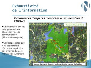 Exhaustivité	
  	
  
de	
  l’information	
  
	
  Occurrences	
  d’espèces	
  menacées	
  ou	
  vulnérables	
  du	
  

CDPNQ	
  

§ 	
  Les	
  inventaires	
  ont	
  lieu	
  
principalement	
  aux	
  
abords	
  des	
  voies	
  de	
  
communication	
  
(déterminisme	
  spatial)	
  

Parc	
  du	
  Mont	
  Orford	
  

§ 	
  Ce	
  n’est	
  pas	
  parce	
  qu’il	
  
n’y	
  a	
  pas	
  de	
  relevé	
  
d’occurrence	
  qu’il	
  n’y	
  a	
  
pas	
  présence	
  d’espèce	
  
menacée	
  ou	
  vulnérable.	
  	
  

Source	
  	
  :Centre	
  de	
  données	
  sur	
  le	
  patrimoine	
  naturel	
  du	
  Québec	
  
25	
  

 