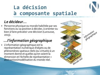 La	
  décision	
  	
  
à	
  composante	
  spatiale	
  
	
  Le	
  décideur…	
  
§ 

Personne	
  physique	
  ou	
  morale	
  habilitée	
  par	
  ses	
  
fonctions	
  ou	
  sa	
  position	
  à	
  décider,	
  à	
  orienter	
  ou	
  
bien	
  à	
  faire	
  prévaloir	
  une	
  décision	
  (Larousse,	
  
2013).	
  	
  

	
  …l’information	
  géographique	
  
§ 

L'information	
  géographique	
  est	
  la	
  
représentation	
  numérique	
  d’objets	
  ou	
  de	
  
phénomènes	
  spatiaux	
  réels	
  (ou	
  virtuels)	
  à	
  un	
  
moment	
  donné	
  et	
  quelles	
  qu'en	
  soient	
  la	
  
dimension	
  et	
  l'échelle	
  de	
  représentation	
  =	
  
abstraction/modélisation	
  du	
  monde	
  réel.	
  

4	
  

 