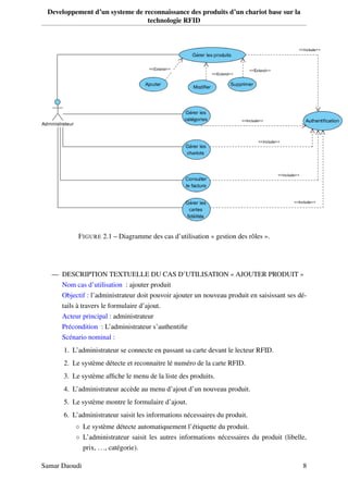 Developpement d’un systeme de reconnaissance des produits d’un chariot base sur la
technologie RFID
FIGURE 2.1 – Diagramme des cas d’utilisation « gestion des rôles ».
— DESCRIPTION TEXTUELLE DU CAS D’UTILISATION « AJOUTER PRODUIT »
Nom cas d’utilisation : ajouter produit
Objectif : l’administrateur doit pouvoir ajouter un nouveau produit en saisissant ses dé-
tails à travers le formulaire d’ajout.
Acteur principal : administrateur
Précondition : L’administrateur s’authentiﬁe
Scénario nominal :
1. L’administrateur se connecte en passant sa carte devant le lecteur RFID.
2. Le système détecte et reconnaitre lé numéro de la carte RFID.
3. Le système afﬁche le menu de la liste des produits.
4. L’administrateur accède au menu d’ajout d’un nouveau produit.
5. Le système montre le formulaire d’ajout.
6. L’administrateur saisit les informations nécessaires du produit.
◦ Le système détecte automatiquement l’étiquette du produit.
◦ L’administrateur saisit les autres informations nécessaires du produit (libelle,
prix, ..., catégorie).
Samar Daoudi 8
 