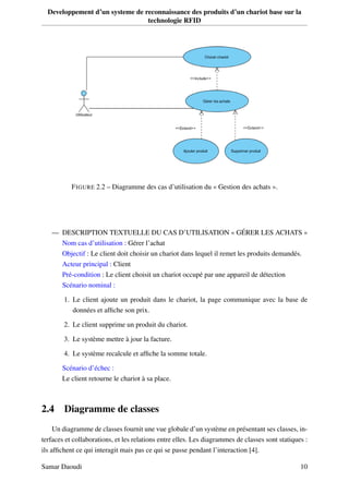 Developpement d’un systeme de reconnaissance des produits d’un chariot base sur la
technologie RFID
FIGURE 2.2 – Diagramme des cas d’utilisation du « Gestion des achats ».
— DESCRIPTION TEXTUELLE DU CAS D’UTILISATION « GÉRER LES ACHATS »
Nom cas d’utilisation : Gérer l’achat
Objectif : Le client doit choisir un chariot dans lequel il remet les produits demandés.
Acteur principal : Client
Pré-condition : Le client choisit un chariot occupé par une appareil de détection
Scénario nominal :
1. Le client ajoute un produit dans le chariot, la page communique avec la base de
données et afﬁche son prix.
2. Le client supprime un produit du chariot.
3. Le système mettre à jour la facture.
4. Le système recalcule et afﬁche la somme totale.
Scénario d’échec :
Le client retourne le chariot à sa place.
2.4 Diagramme de classes
Un diagramme de classes fournit une vue globale d’un système en présentant ses classes, in-
terfaces et collaborations, et les relations entre elles. Les diagrammes de classes sont statiques :
ils afﬁchent ce qui interagit mais pas ce qui se passe pendant l’interaction [4].
Samar Daoudi 10
 