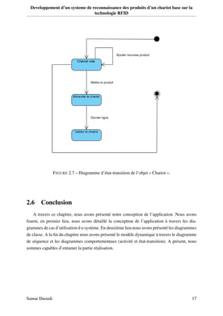 Developpement d’un systeme de reconnaissance des produits d’un chariot base sur la
technologie RFID
FIGURE 2.7 – Diagramme d’état-transition de l’objet « Chariot ».
2.6 Conclusion
A travers ce chapitre, nous avons présenté notre conception de l’application. Nous avons
fourni, en premier lieu, nous avons détaillé la conception de l’application à travers les dia-
grammes de cas d’utilisation d u système. En deuxième lieu nous avons présenté les diagrammes
de classe. A la ﬁn du chapitre nous avons présenté le modèle dynamique à travers le diagramme
de séquence et les diagrammes comportementaux (activité et état-transition). A présent, nous
sommes capables d’entamer la partie réalisation.
Samar Daoudi 17
 