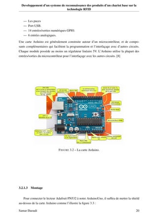 Developpement d’un systeme de reconnaissance des produits d’un chariot base sur la
technologie RFID
— Les puces
— Port USB.
— 14 entrées/sorties numériques GPIO.
— 6 entrées analogiques.
Une carte Arduino est généralement construite autour d’un microcontrôleur, et de compo-
sants complémentaires qui facilitent la programmation et l’interfaçage avec d’autres circuits.
Chaque module possède au moins un régulateur linéaire 5V. L’Arduino utilise la plupart des
entrées/sorties du microcontrôleur pour l’interfaçage avec les autres circuits. [8]
FIGURE 3.2 – La carte Arduino.
3.2.1.3 Montage
Pour connecter le lecteur Adafruit PN532 à notre ArduinoUno, il sufﬁra de mettre la shield
au-dessus de la carte Arduino comme l’illustre la ﬁgure 3.3 :
Samar Daoudi 20
 