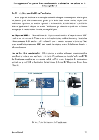 Developpement d’un systeme de reconnaissance des produits d’un chariot base sur la
technologie RFID
3.4.2.2 Architecture détaillée de l’application
Notre projet est basé sur la technologie d’identiﬁcation par radio fréquence aﬁn de gérer
les produits grâce à la radio-étiquette qu’elle porte Nous avons intérêt à mettre en place une
architecture rigoureuse, de manière à garantir la maintenabilité, l’évolutivité et l’exploitabilité
de notre application. La Figure 3.6 montre l’architecture qui sera mise en place dans le cadre de
notre projet. Il est décomposé de deux parties principales :
les étiquettes RFID : Nous utilisons des étiquettes semi-passives. Chaque étiquette RFID
contient une information de 20 octets : un octet de début de tag, un identiﬁant ou tag constitué de
18 octets et donc de 18 nombres codés en hexadécimal et un octet marquant la ﬁn du tag. Nous
avons associé chaque étiquette RFID à un produit du magasin au sein de la base de données et
à l’administrateur.
Une partie « client » embarquée : Elle représente le terminal utilisateur. Nous avons utilisé
un ordinateur portable pour représenter cette partie. Cet ordinateur est équipé d’un lecteur RFID.
Sur l’ordinateur portable, un programme réalisé en C++ permet la gestion des informations
arrivant sur le port USB et l’extraction du tag lorsque le lecteur RFID passe au dessus d’une
étiquette.
FIGURE 3.6 – Architecture de l’application.
Samar Daoudi 29
 