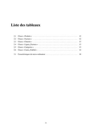 Liste des tableaux
2.1 Classe « Produits » . . . . . . . . . . . . . . . . . . . . . . . . . . . . . . . . 12
2.2 Classe « Factures » . . . . . . . . . . . . . . . . . . . . . . . . . . . . . . . . 12
2.3 Classe « Chariots » . . . . . . . . . . . . . . . . . . . . . . . . . . . . . . . . 13
2.4 Classe « Lignes_Factures » . . . . . . . . . . . . . . . . . . . . . . . . . . . . 13
2.5 Classe « Catégories » . . . . . . . . . . . . . . . . . . . . . . . . . . . . . . . 13
2.6 Classe « Cartes_Fidélité » . . . . . . . . . . . . . . . . . . . . . . . . . . . . . 14
3.1 Caractéristiques de micro-ordinateur. . . . . . . . . . . . . . . . . . . . . . . . 18
iv
 