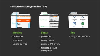 Спецификация дизайна (ТЗ)




 Metrics             Fonts                Res
- размеры           - размеры            - ресурсы графики
- отступы           - начертания
- цвета эл-тов      - цвета и PS-стили
                    - межстрочный
                      интервал
 