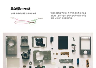 요소(Element)
영역을 구성하는 작은 단위 또는 자식 요소는 블럭을 구성하는 작은 단위로써 특정 기능을
담당한다. 블럭과 달리 문맥 의존적이며 요소가 속한
블럭 내에서만 의미를 가진다.
 