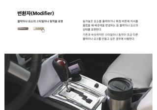 변환자(Modifier)
블럭이나 요소의 스타일이나 동작을 표현 숨겨놓은 요소를 출력하거나 특정 버튼에 커서를
올렸을 때 배경색을 변경하는 등 블럭이나 요소의
상태를 표현한다.
기존과 비슷하지만 스타일이나 동작이 조금 다른
블럭이나 요소를 만들고 싶은 경우에 사용한다.
 